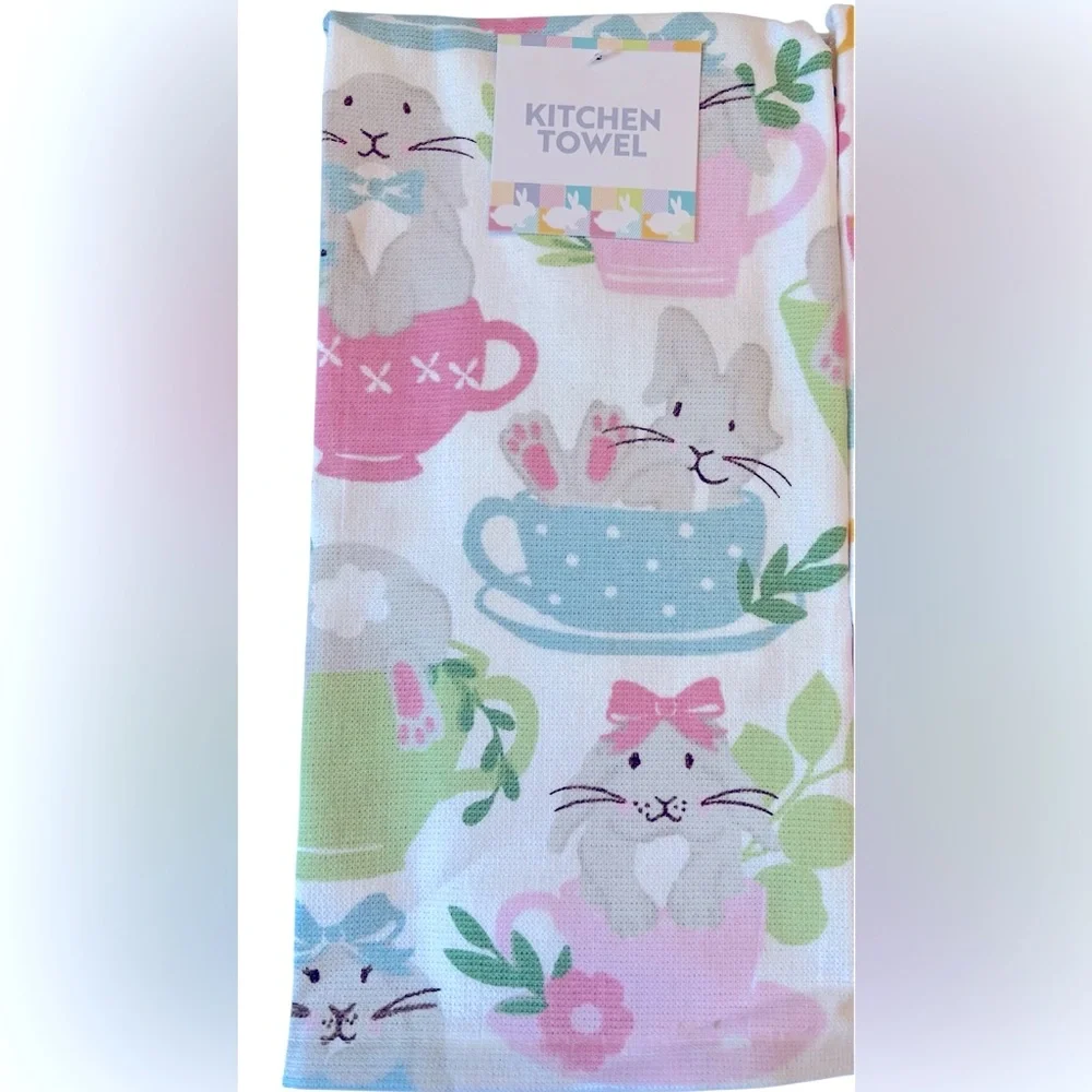Easter Kitchen Towels Featuring Pastel Bunnies in Teacups and Chicks & Eggs. NWT